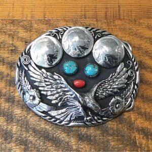 Vintage Belt Buckle Eagle Turquoise Coral Silver Buffalo Nickel Cowboy Western